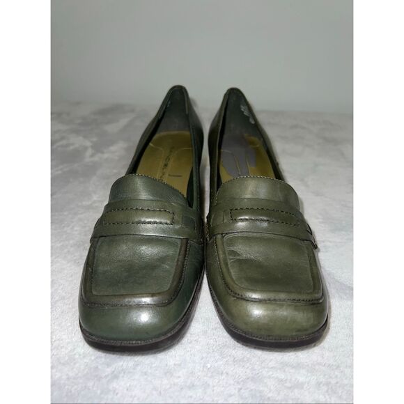 Vintage Green Leather Block Heel Chunky Loafers 7.5 - Picture 2 of 8